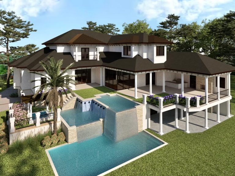 3D rendering of a luxury home with wraparound porch and elevated pool
