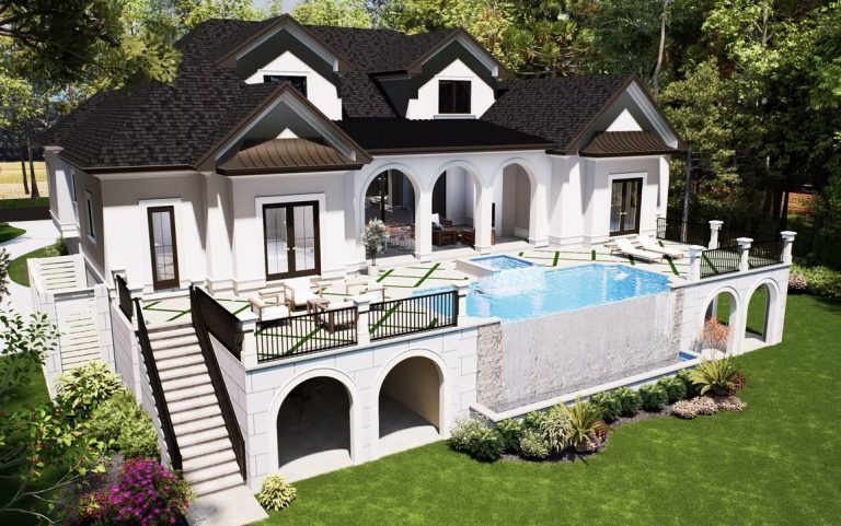 3D rendering of a home with elevated pool terrace and exterior staircase