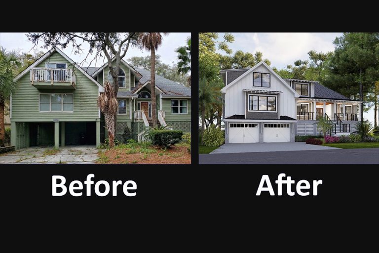 Side-by-side comparison of a luxury home renovation, showing a transition from a weathered green exterior with a black truck to a modern white and charcoal-grey design with updated garage doors.