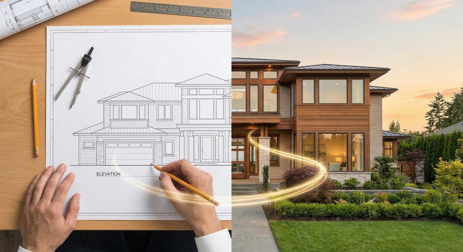 An aerial view of a luxurious, multi-story modern home with a grey shingle and metal accent roof and white stucco walls. The foreground features cascading, multi-level swimming pools with waterfall features, adjacent to a structured pergola and extensive manicured green lawns.