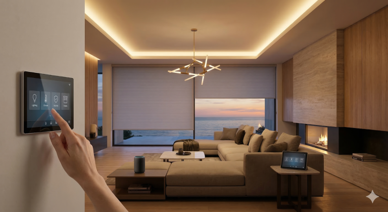 A luxury modern living room with an ocean view at sunset, featuring a hand using a wall-mounted smart home touchscreen panel to control lighting, climate, and security.