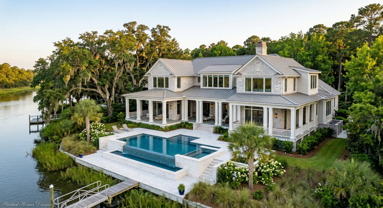 An aerial view of a luxurious, multi-tiered custom home situated along the tranquil waterway of Palmetto Bluff, South Carolina. The property features intricate Lowcountry-inspired architecture with expansive wrap-around porches, a cascading infinity-edge swimming pool system with white stone coping, and lush maritime forest landscaping, showcasing exceptional custom home building craftsmanship.