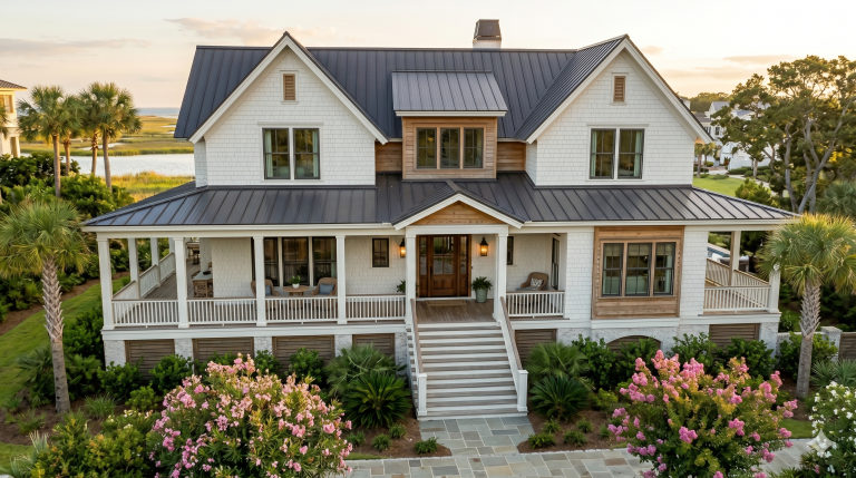 Front elevation view of a luxury Lowcountry modern custom home featuring white shingle siding, a dark standing-seam metal roof, a wrap-around porch with columns, a central grand staircase, natural wood accents, and lush landscaping with pink crape myrtle and palmetto trees in a waterfront setting during golden hour.